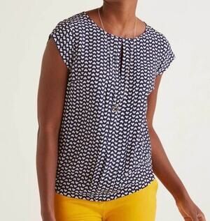 Boden Geometric Print Cap Sleeve Blouse Pleated Front Navy/White Sz US 10